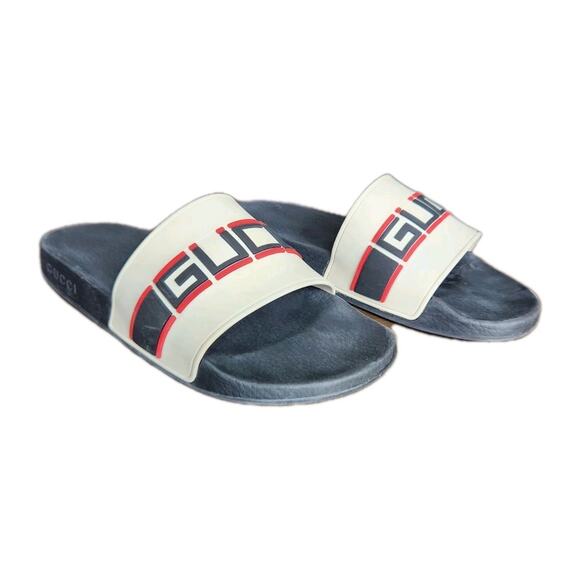 Gucci Logo Stripe Rubber Pool Slides Sandals Shoes Pre-owned Men's Size 9 No Box - Picture 4 of 9